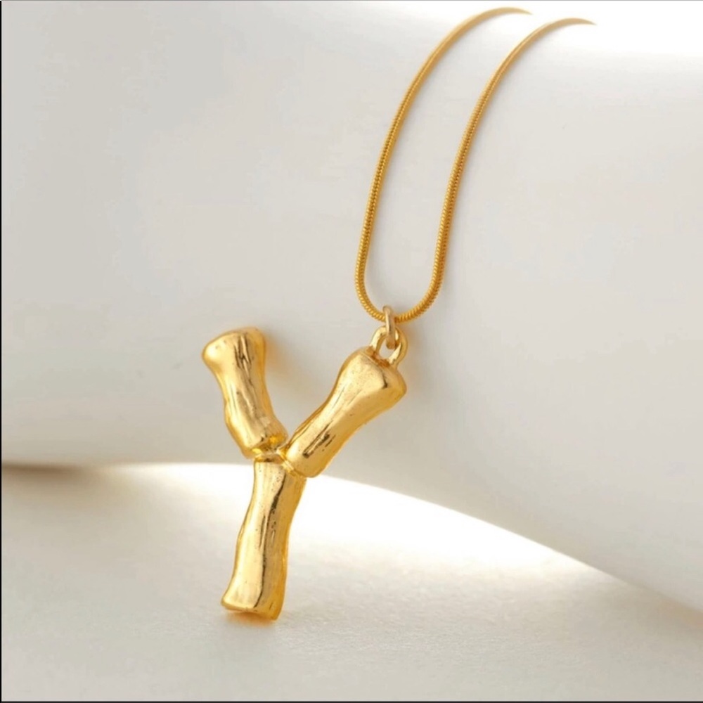 NEW GOLD BAMBOO INITIAL STATEMENT NECKLACE - Picture 4 of 8